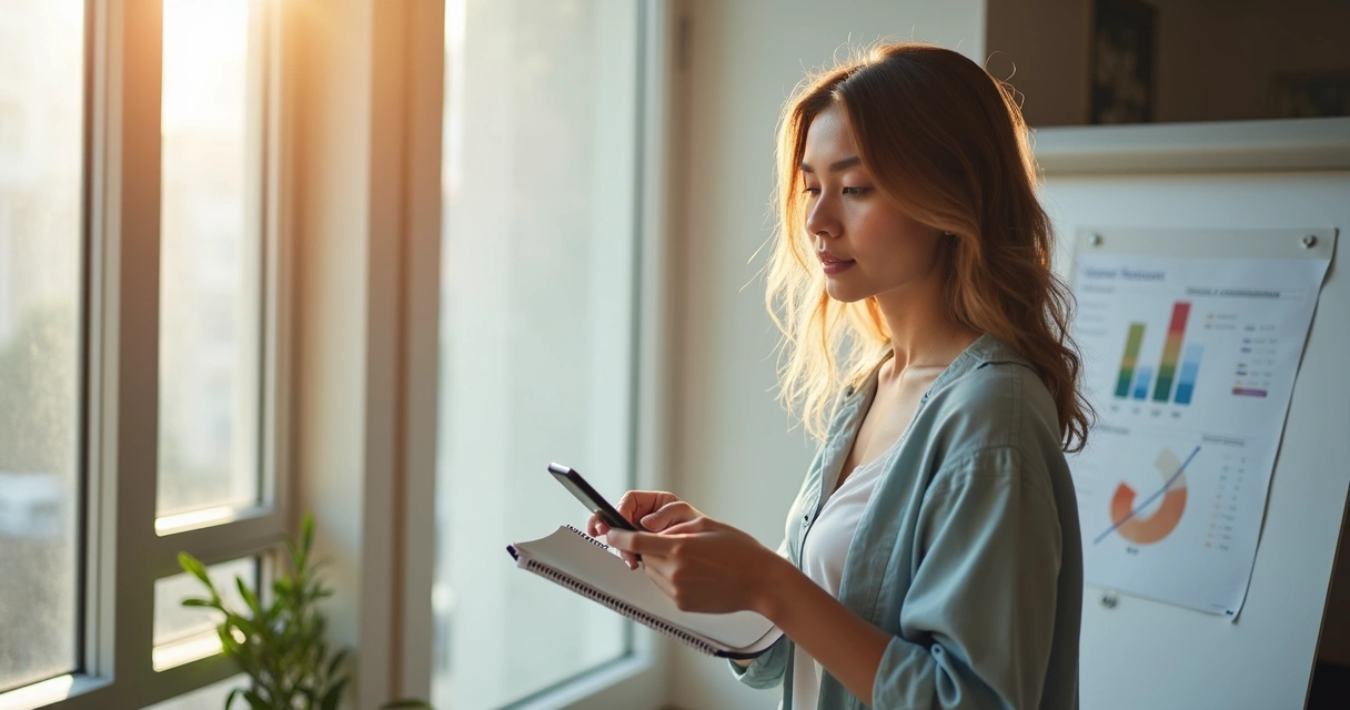 Mulher olhando a janela concentrada ao celular e anotações 