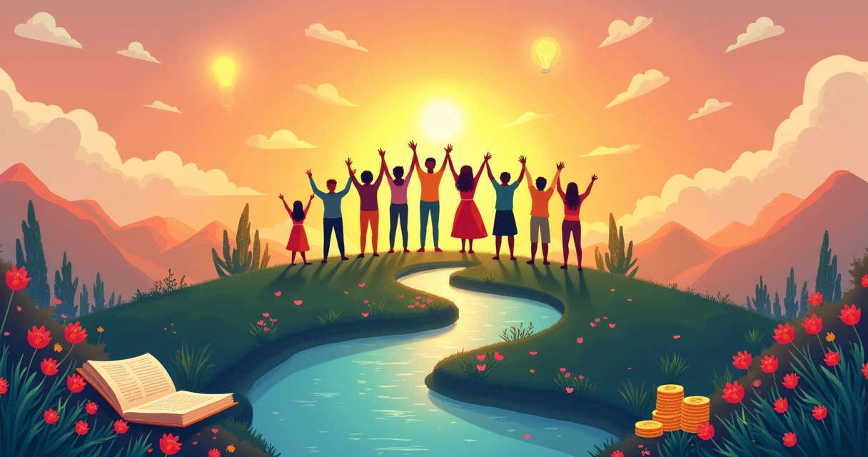 Grupo diversificado celebrando em um topo de colina ao nascer do sol, simbolizando mentalidade positiva.