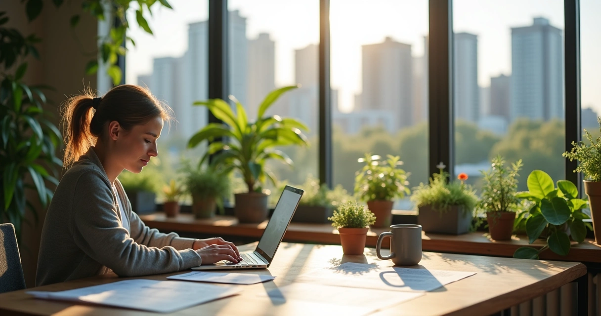 Pessoa em um ambiente de trabalho observando relatórios ambientais em um notebook, próximo a plantas e luz natural