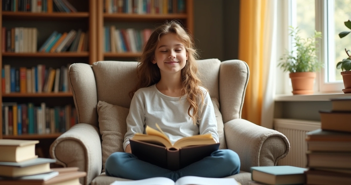 Pessoa sentada com olhos fechados, livros ao redor, fundo calmo e luz suave
