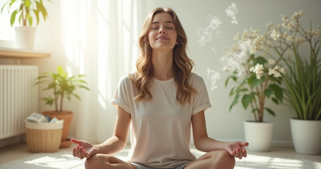 Pessoa sentada praticando mindfulness, olhos fechados, em ambiente tranquilo 