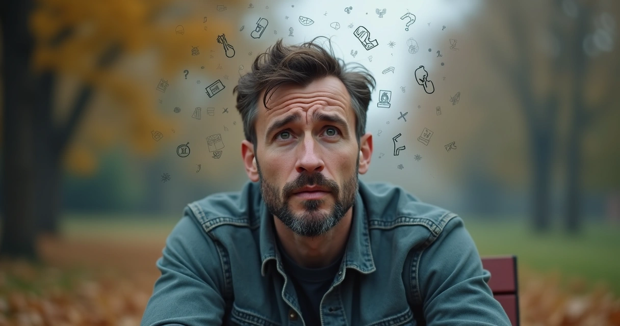 Homem sentado observando ao redor, expressão de reflexão e preocupação, com linhas e símbolos ilustrando pensamentos rápidos ao redor da cabeça