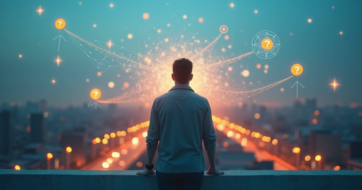 Persona frente a horizonte cambiante con caminos múltiples y símbolos de incertidumbre 