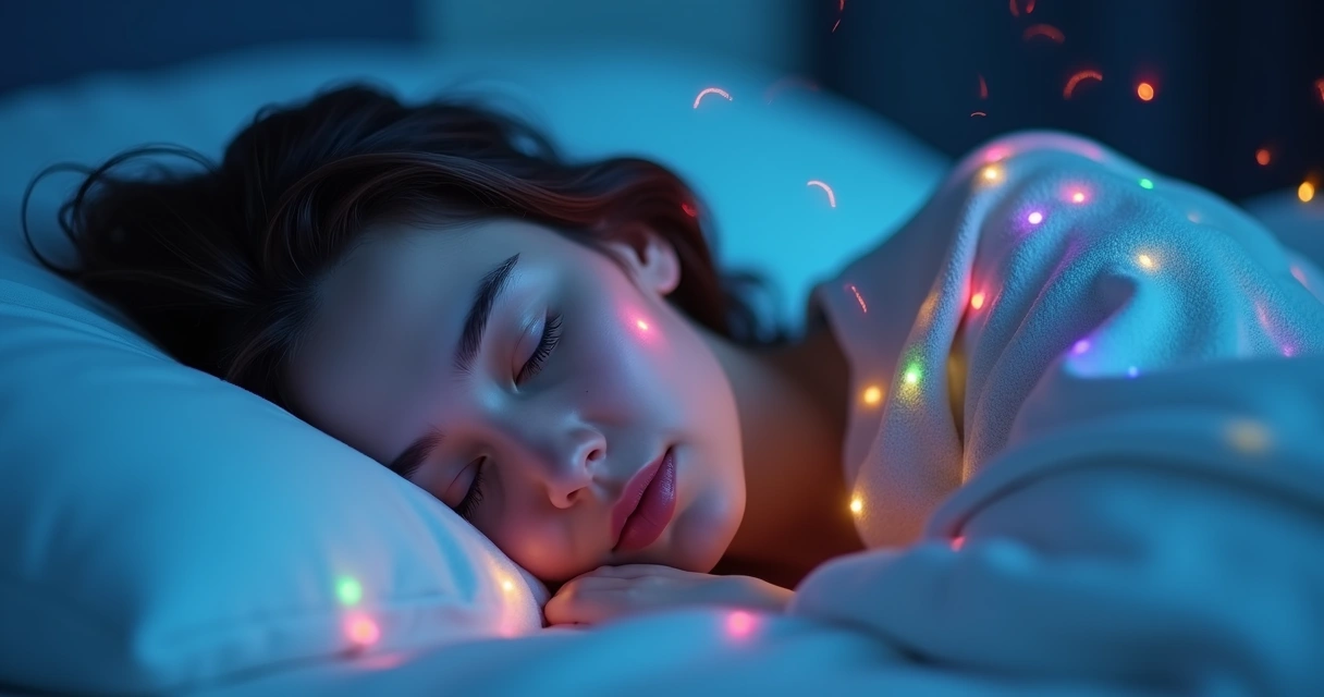 Rosto relaxado e sereno de uma pessoa dormindo, com formas abstratas e coloridas ao redor representando pensamentos oníricos