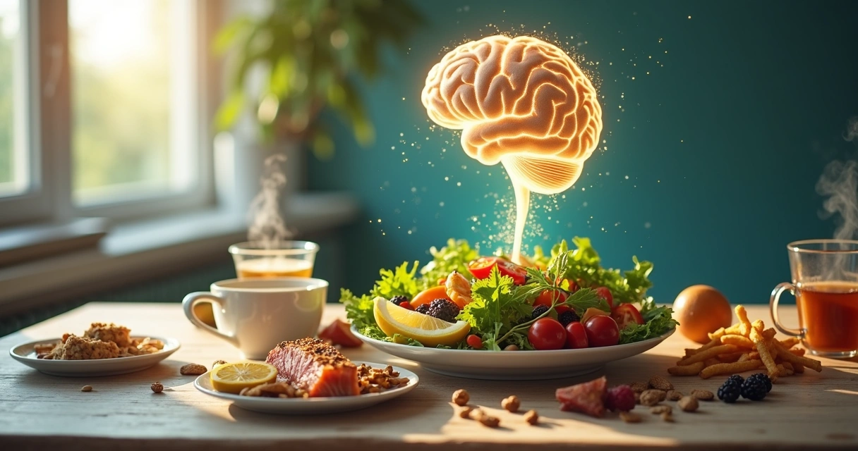 Mesa com alimentos saudáveis conectada visualmente a um cérebro luminoso em equilíbrio 