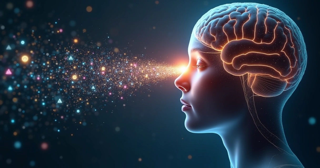 Cerebro humano iluminado rodeado de iconos de algoritmos y notificaciones digitales 