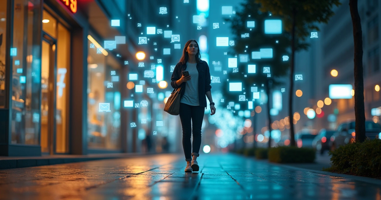 Persona caminando de noche en la ciudad rodeada de notificaciones digitales congeladas en el aire 