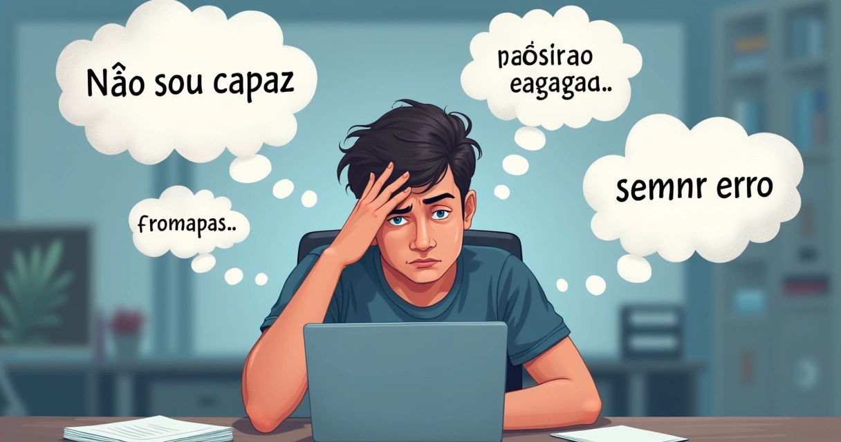 Ilustração de uma pessoa com expressão de preocupação, várias nuvens de pensamento ao redor com frases autocríticas 