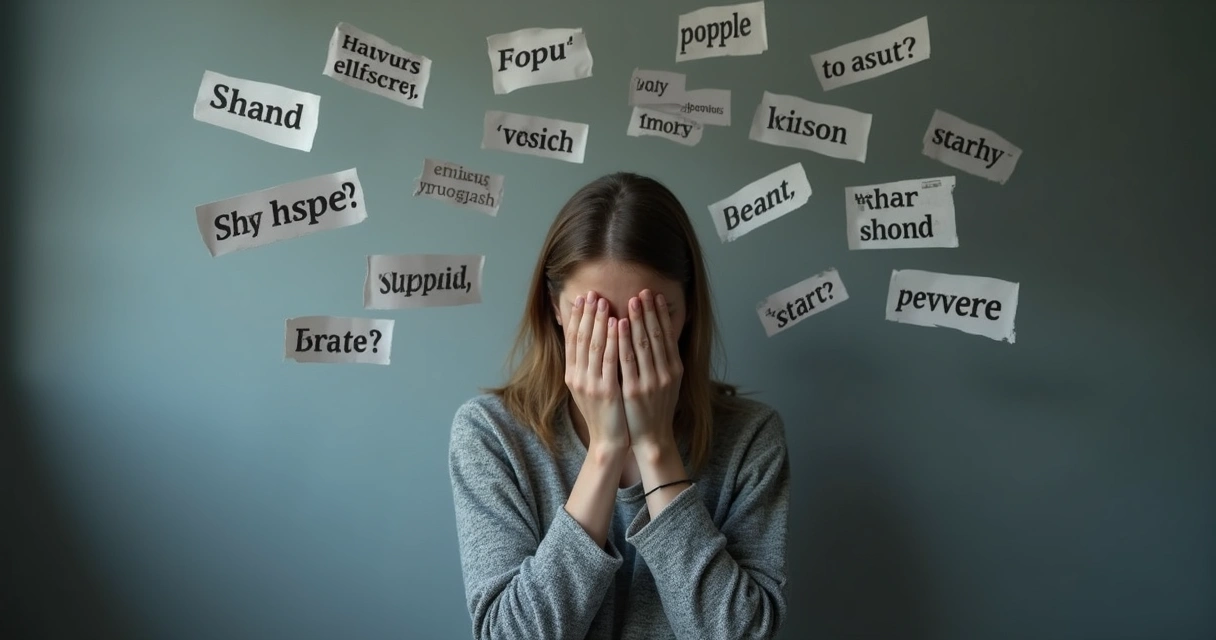 Ilustração estilizada de uma pessoa rodeada de frases negativas em um fundo cinza