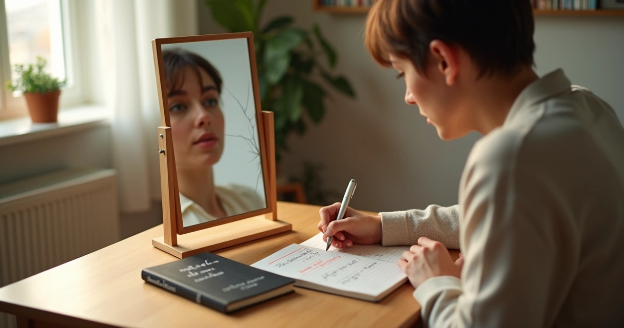 Pessoa observa espelho rachado com reflexo distorcido enquanto escreve em caderno sobre a mesa 