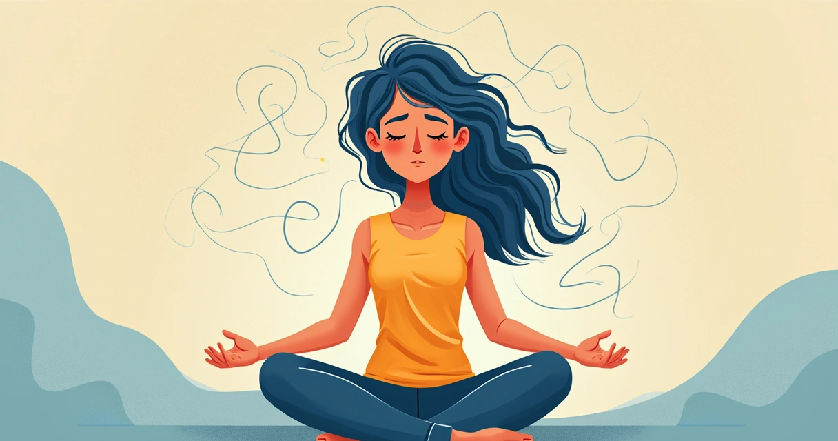 Pessoa de olhos fechados, com linhas representando pensamentos em espiral ao redor da cabeça 