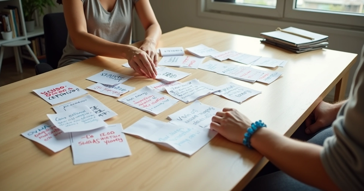 Pessoa sobre mesa com papéis marcados de pensamentos autocríticos sendo reorganizados em afirmações positivas 