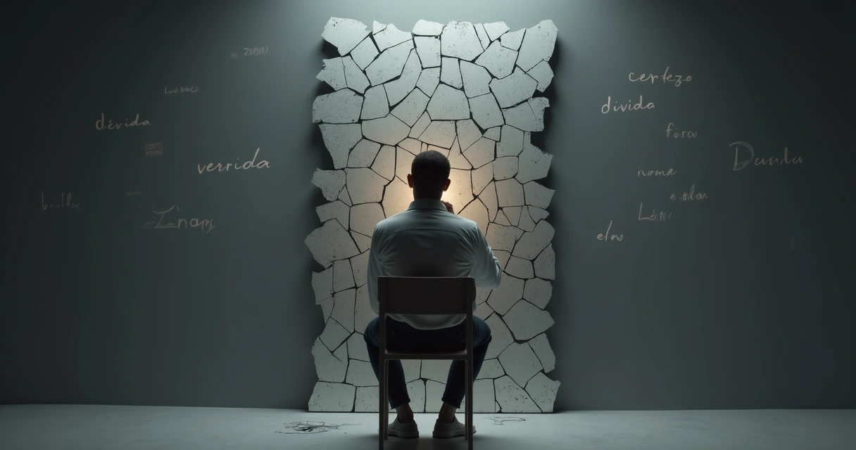 Pessoa diante de espelho quebrado em forma de labirinto mental 