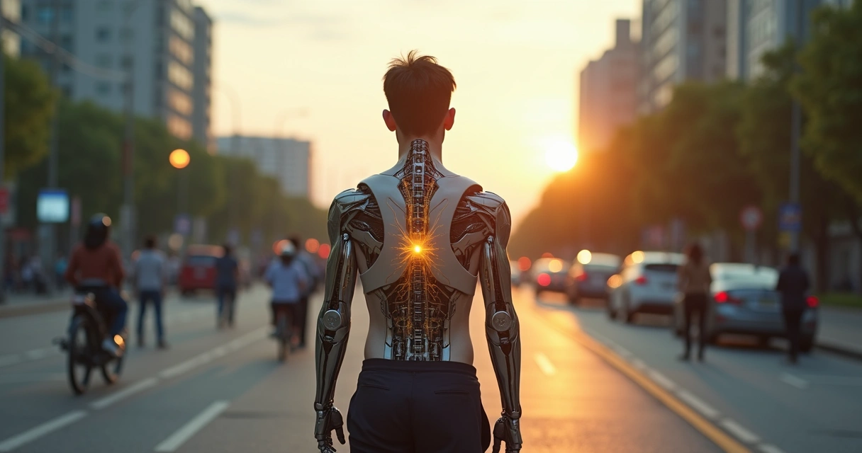 Pessoa em encruzilhada com metade do corpo mecânico e metade consciente 