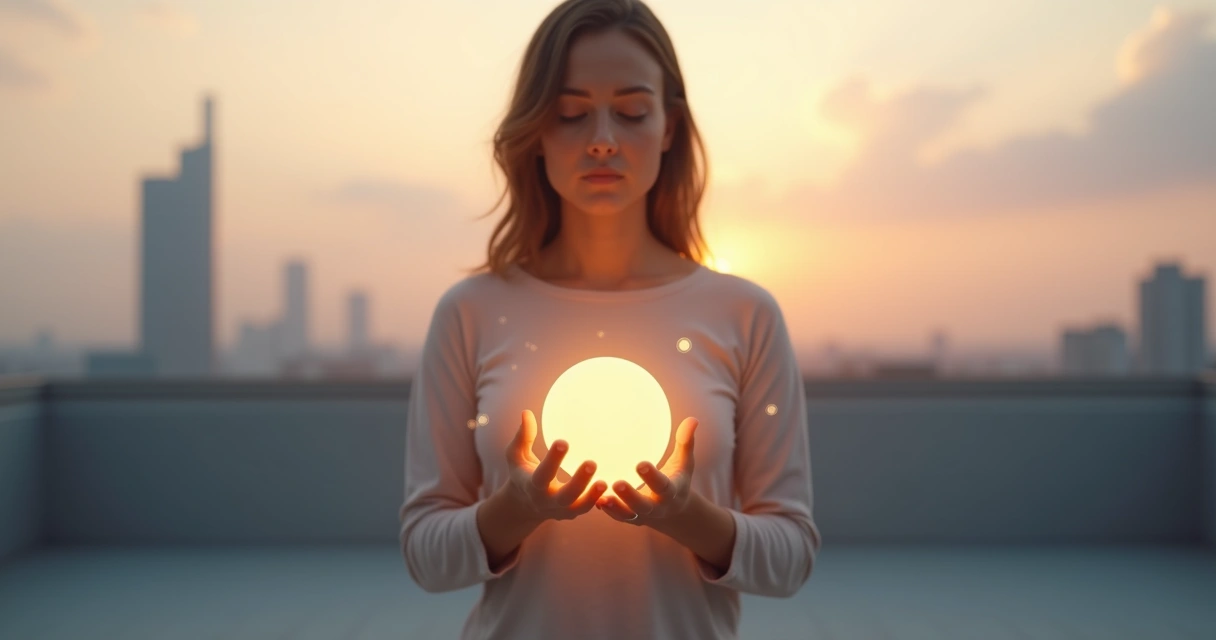 Persona sosteniendo esfera de luz frente al corazón en entorno urbano sereno 
