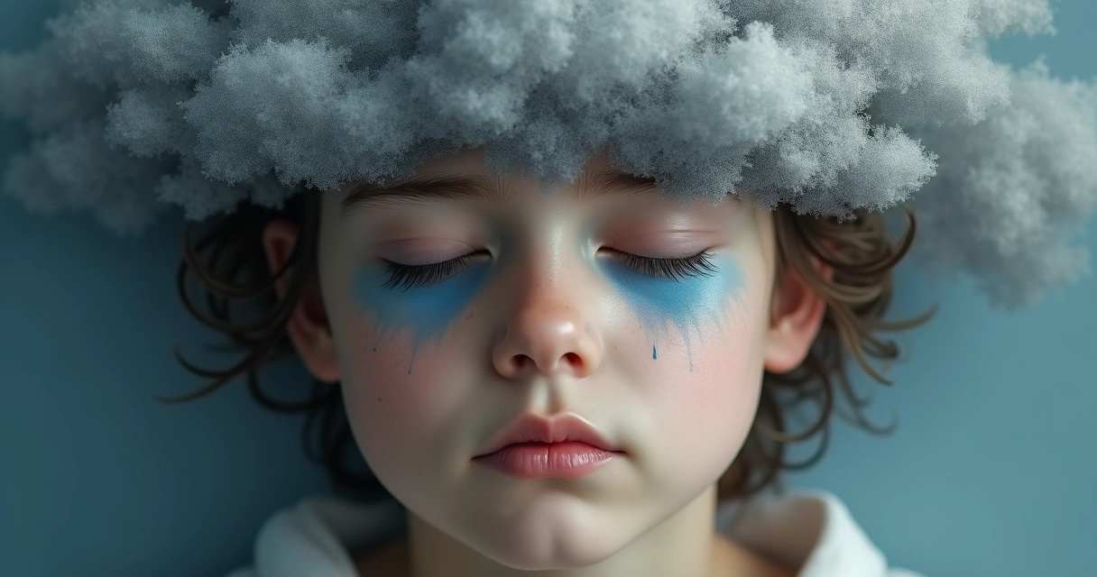 Pessoa com olhos fechados contendo emoções, com desenhos de lágrimas e nuvens ao redor 
