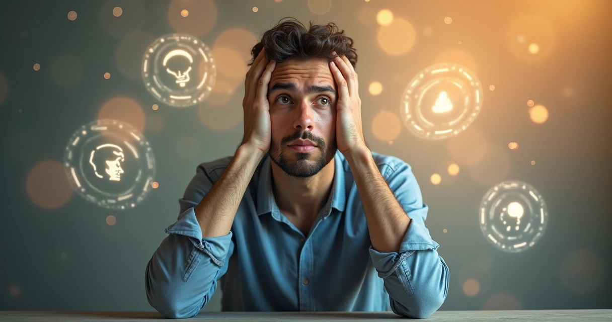 Pessoa com expressão pensativa e mãos na cabeça rodeada por símbolos e barreiras invisíveis no ar 