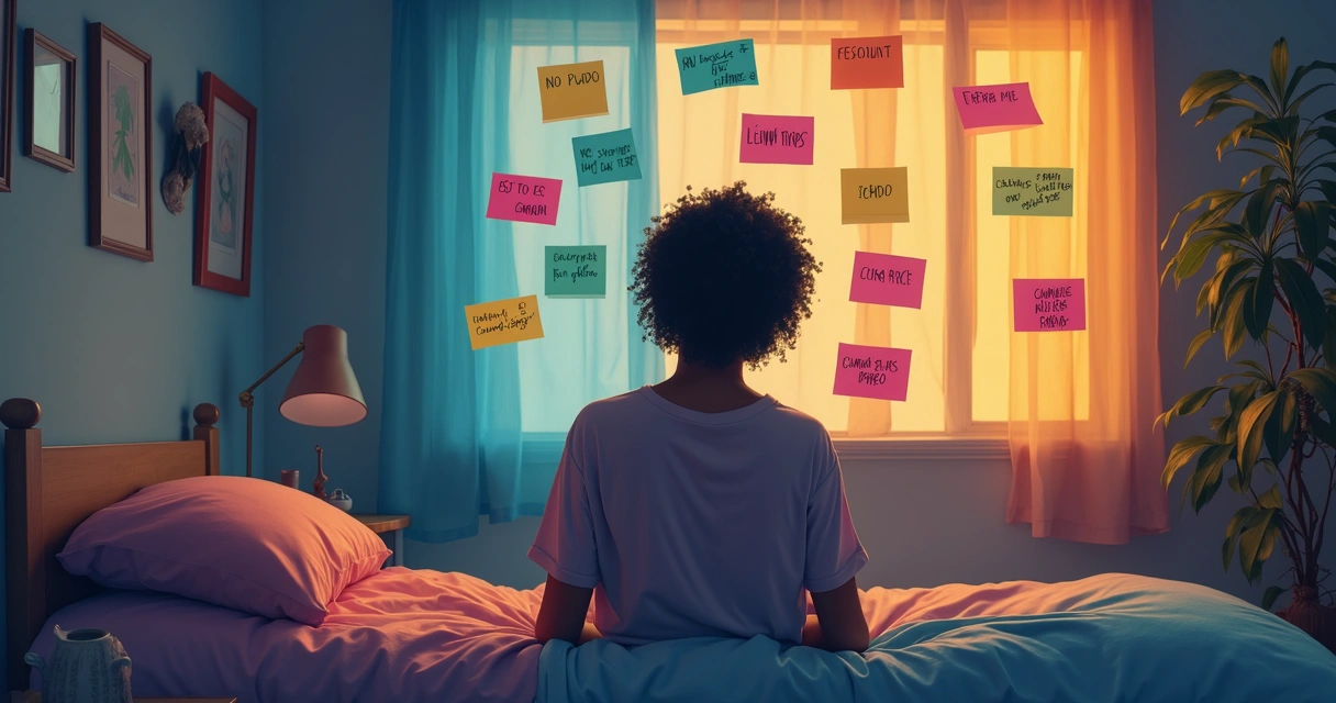 Representación de un adulto reflexionando, notas autoadhesivas con frases, colores suaves y ambiente cálido. 