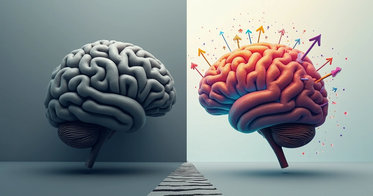 Caminhos divergentes saindo de uma mente humana vista de cima