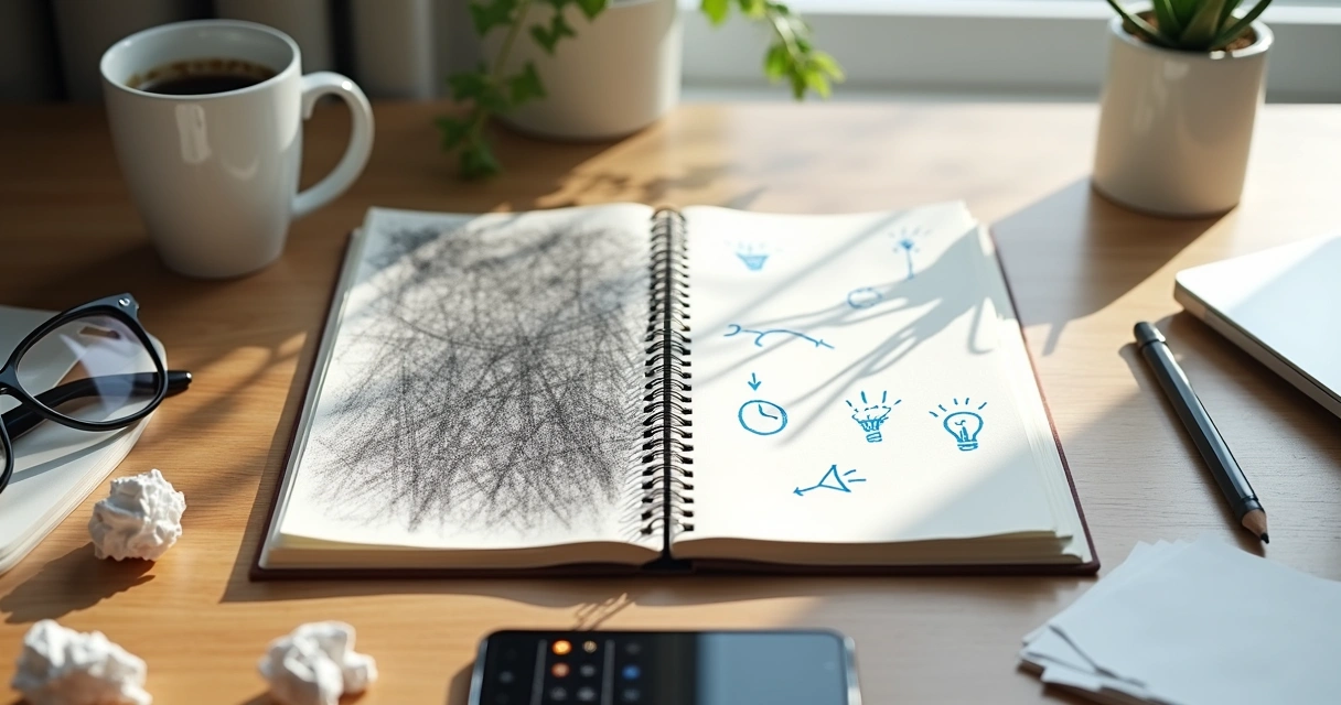 Mesa com caderno dividido entre rabiscos caóticos e ideias organizadas 