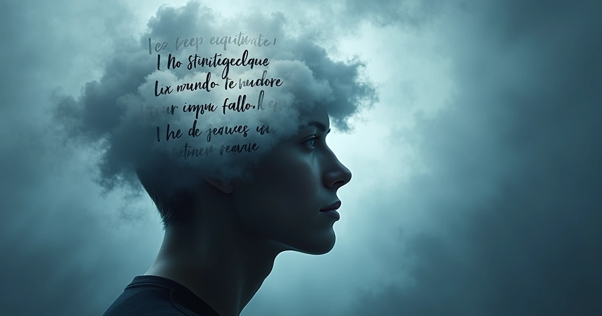 Silueta de cabeza humana con nube dentro llena de afirmaciones negativas escritas