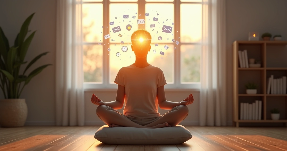 Pessoa sentada para meditar com a mente cheia de pensamentos representados por ícones e luzes ao redor da cabeça 