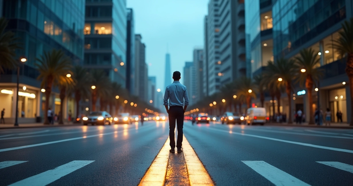 Persona viendo varios caminos difusos mientras uno se ilumina con claridad 