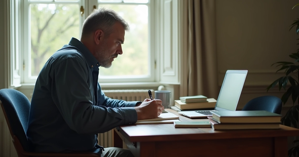 Hombre sentado en escritorio escribiendo en diario, luz natural entrando por ventana 
