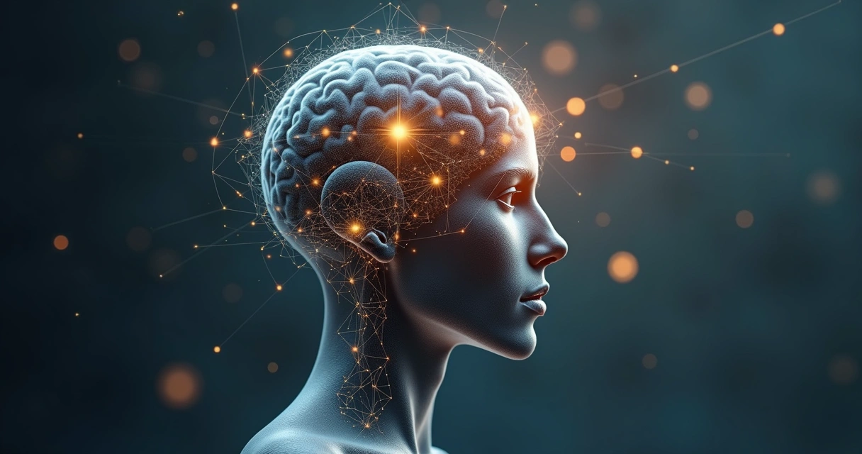 Cerebro humano iluminado conectado a patrones geométricos equilibrados 