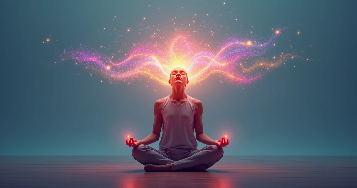 Pessoa meditando com luzes coloridas ao redor da cabeça