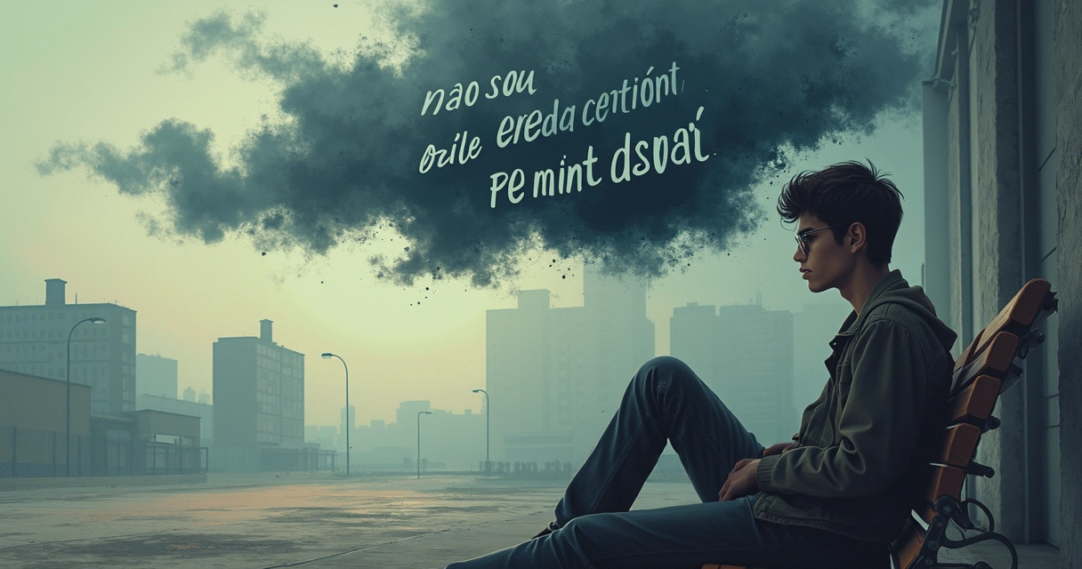 Representação visual de uma mente com pensamentos negativos em torno de uma pessoa 