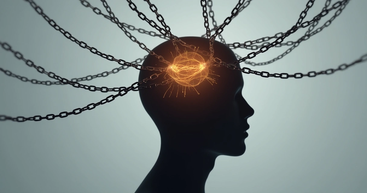 Cabeza humana con cadenas representando límites mentales