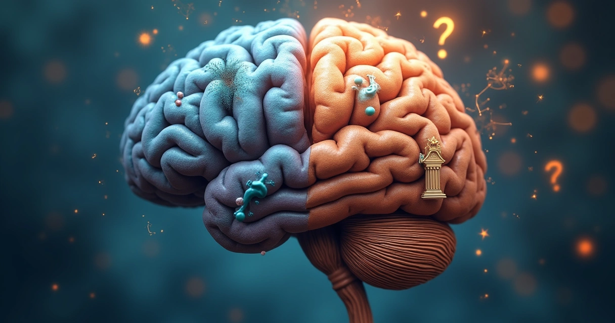 Cerebro dividido con símbolos científicos y filosóficos 