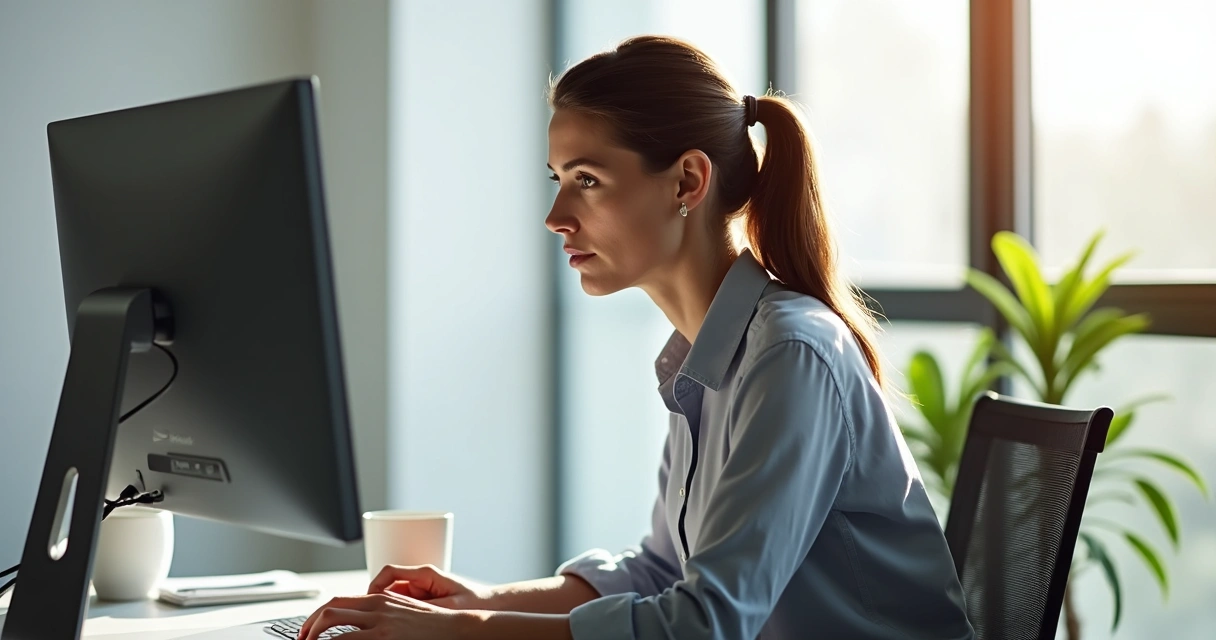 Mulher de meia idade em ambiente de escritório focada, olhando para tela de computador