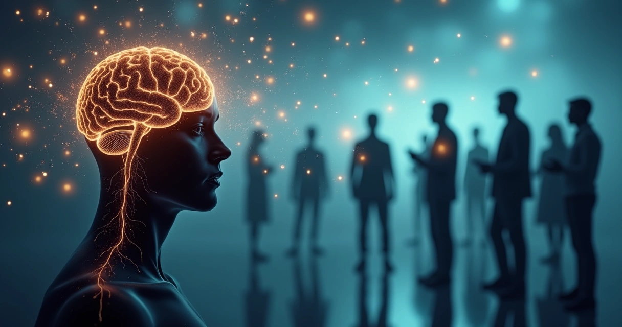 Silhueta humana com conexões luminosas ligando mentes em um ambiente social 