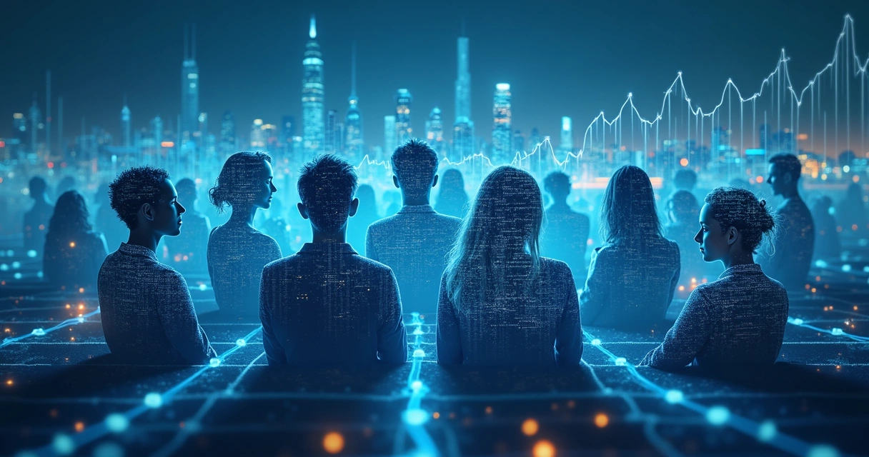 Ilustração de pessoas conectadas por linhas de luz formando uma rede sobrepostos a gráficos econômicos que sobem e descem 