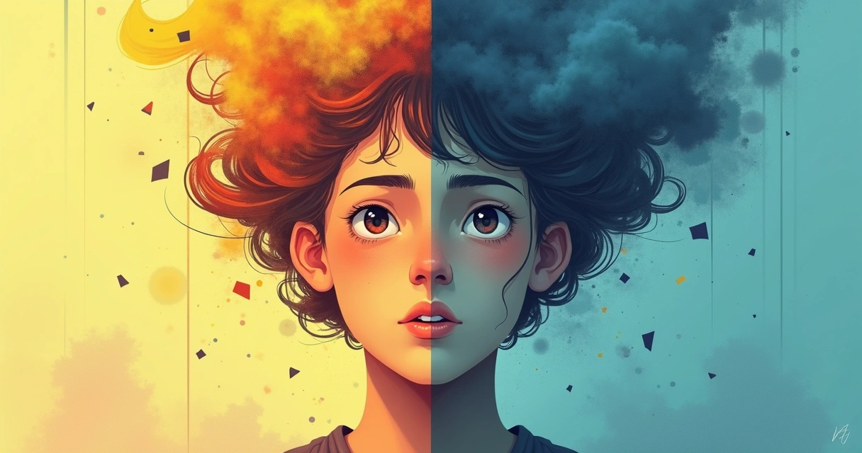 Representação gráfica de um rosto com expressões divididas e linhas simbólicas de conflito interno 