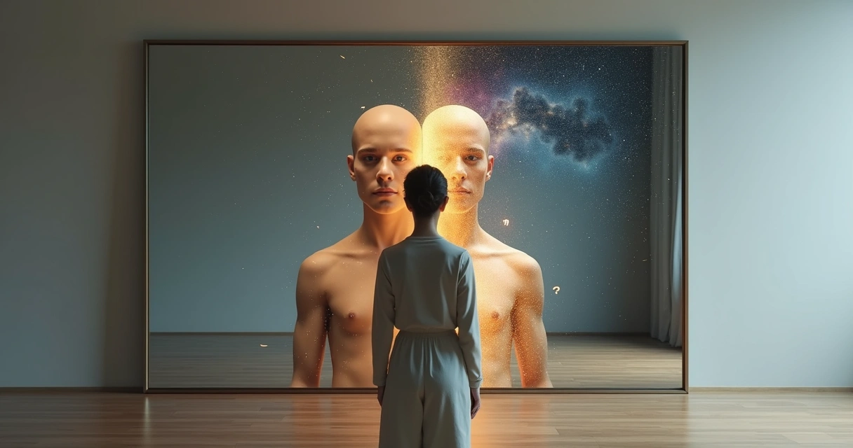 Pessoa diante de espelho dividido entre sombra e luz representando consciência e autopercepção 
