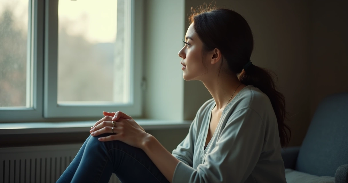 Pessoa parada olhando pela janela, imagem refletindo tranquilidade e introspecção. 