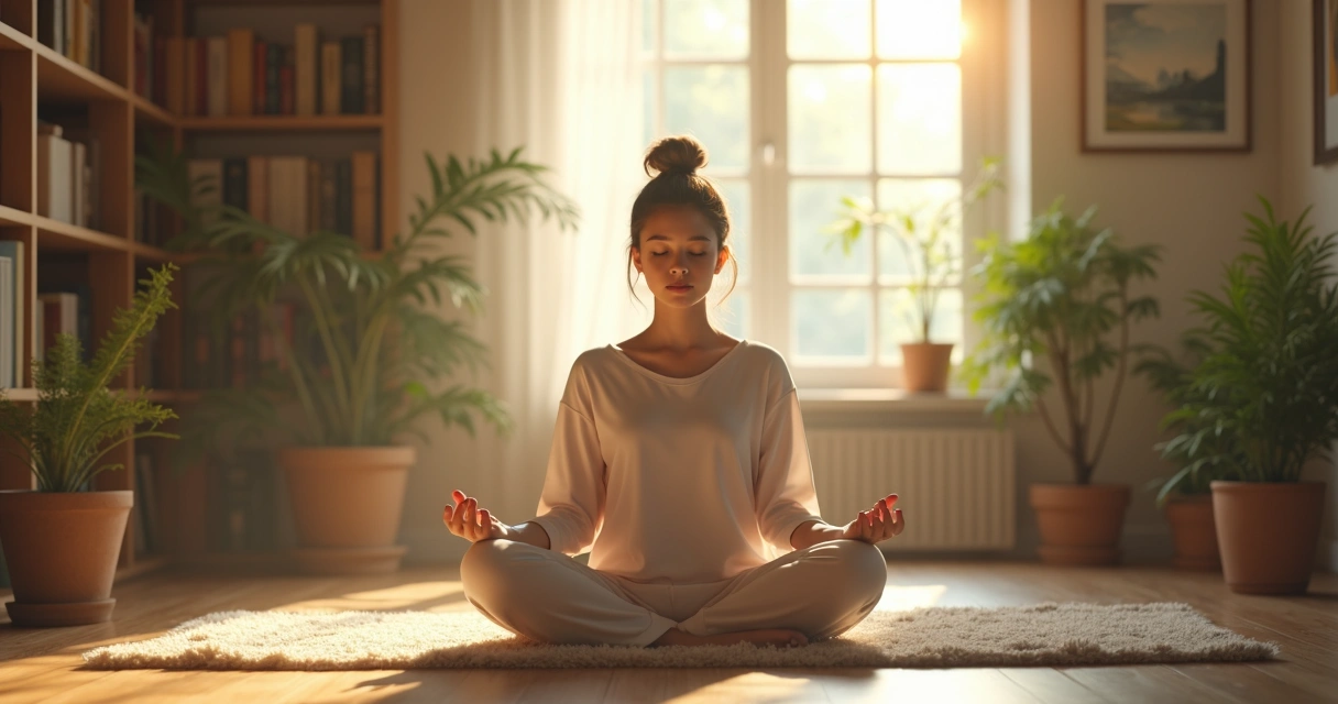 Pessoa sentada refletindo calmamente em ambiente tranquilo e iluminado
