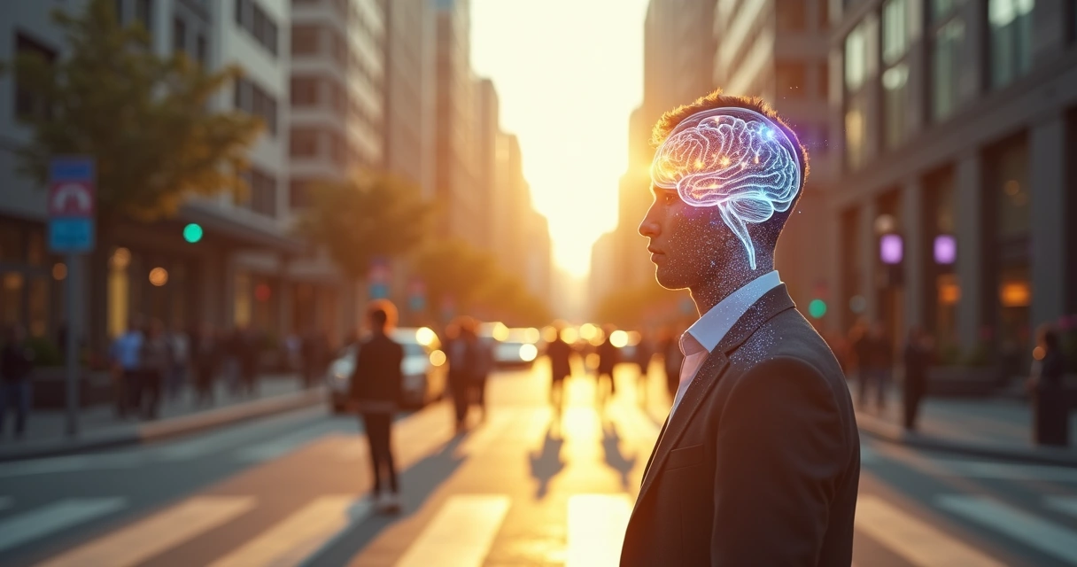 Pessoa em ambiente urbano com silhueta mostrando mente consciente e inconsciente 