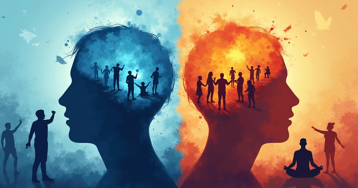Cerebro dividido entre color frío y cálido de lado izquierdo y derecho, con figuras humanas actuando desde emociones y otras meditando y observando 