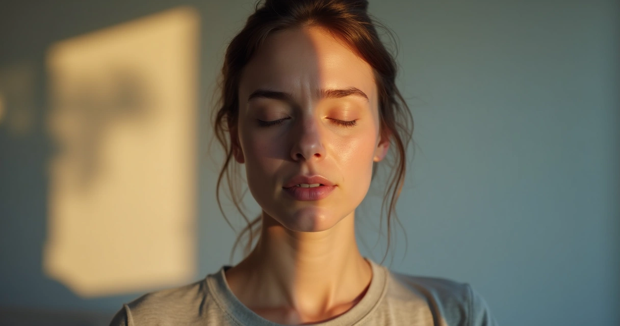 Pessoa de olhos fechados dividida entre calma e autocrítica 