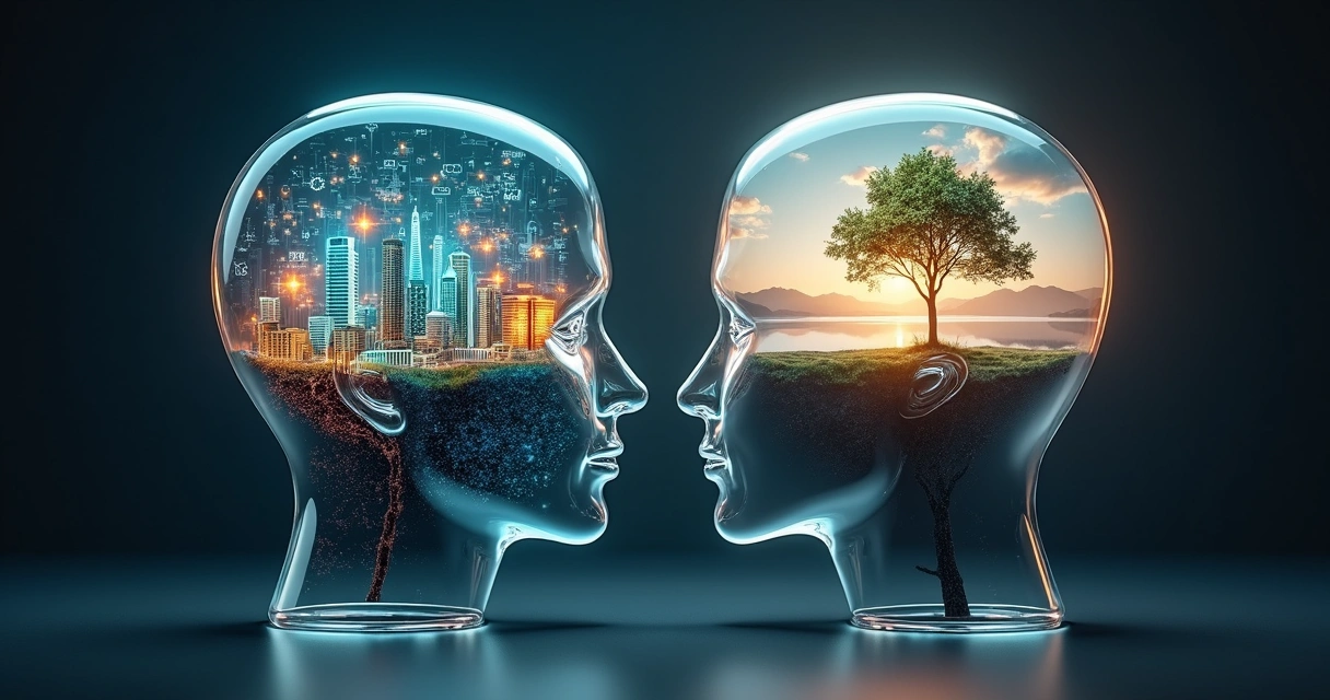 Paísagem dividida mostrando uma metade da mente em análise ativa e outra metade em quietude observadora 
