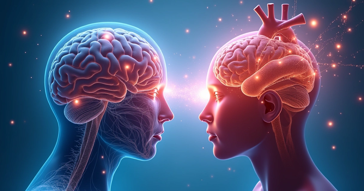 Ilustração representando cérebro e coração conectados por fios de luz