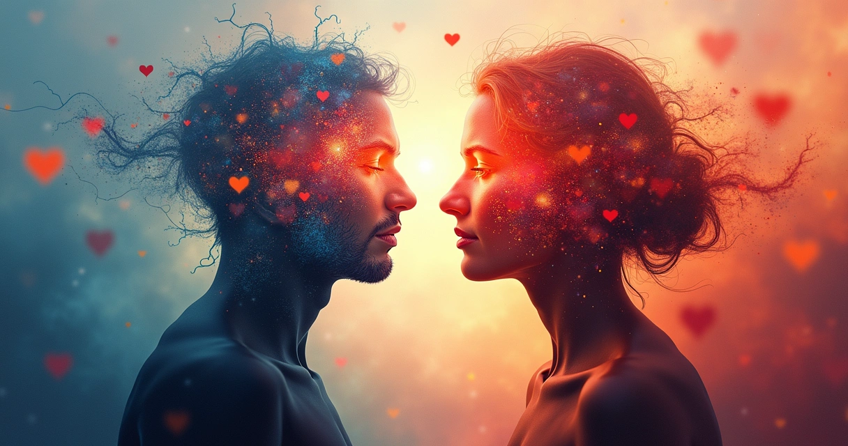 Representação de equilíbrio entre mente e coração com silhuetas humanas em harmonia 