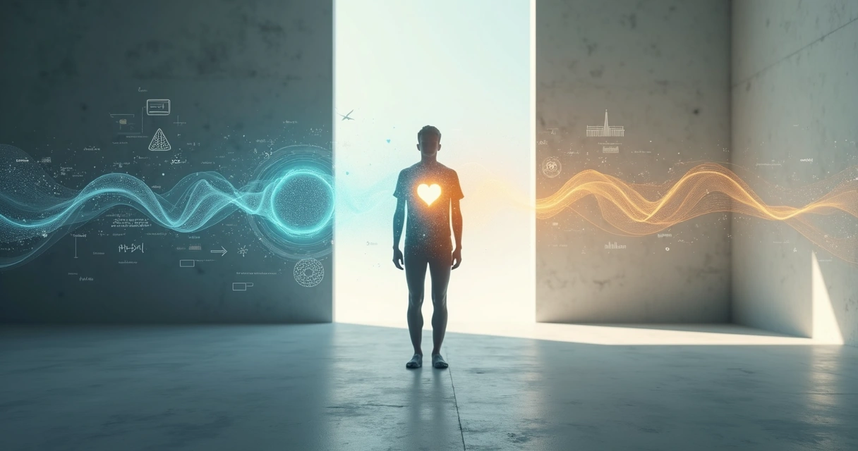 Cerebro y corazón iluminados conectados por un camino de luz 