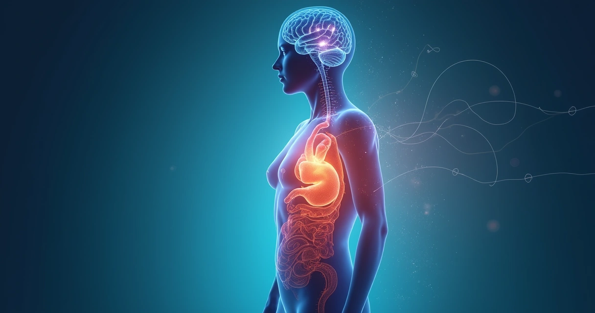 Silhueta de pessoa com cérebro e corpo iluminados integrados por energia sutil 