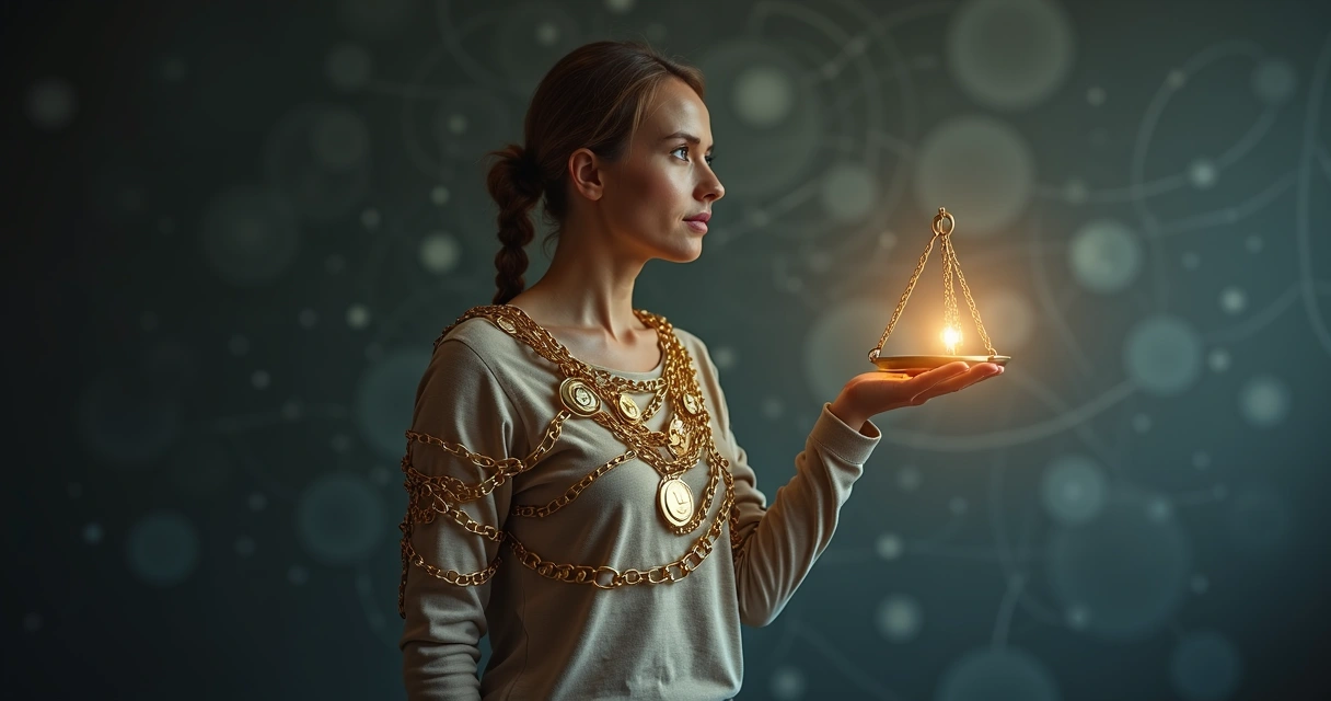 Pessoa presa por correntes de moedas segurando uma balança de ética 