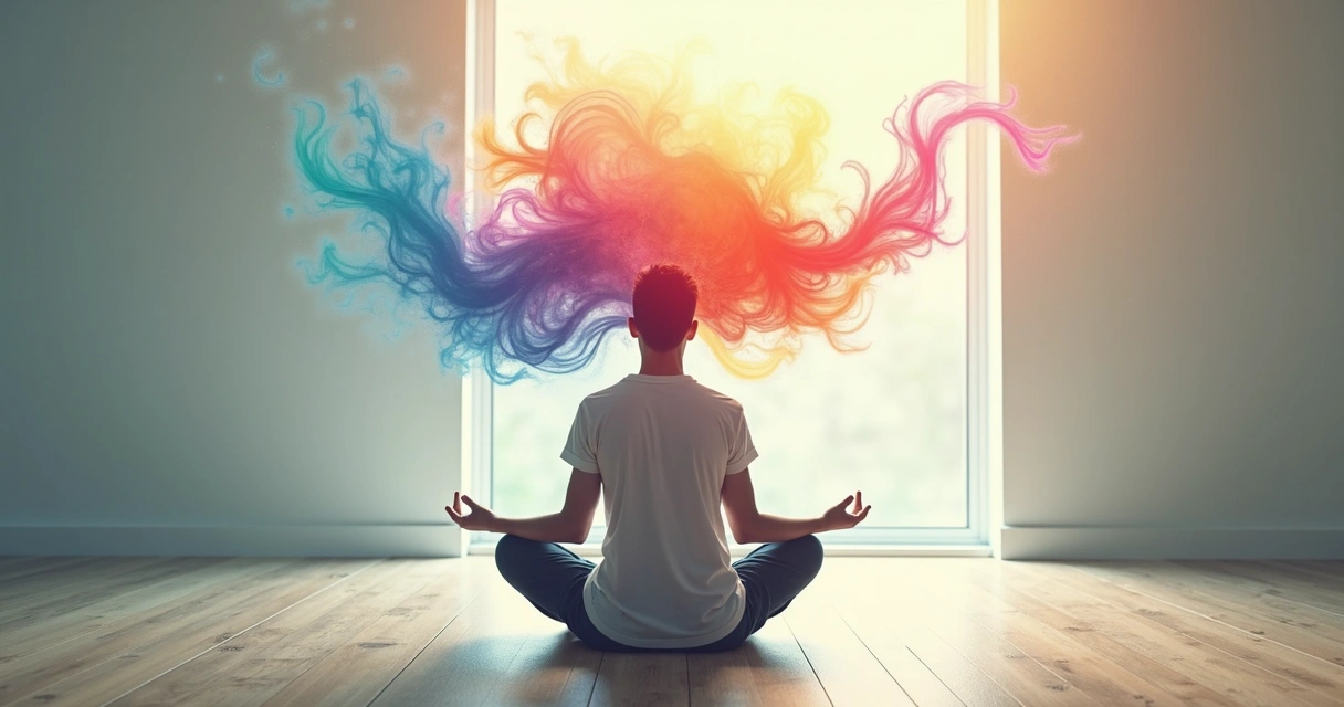 Persona meditando con luces creativas alrededor de la cabeza. 